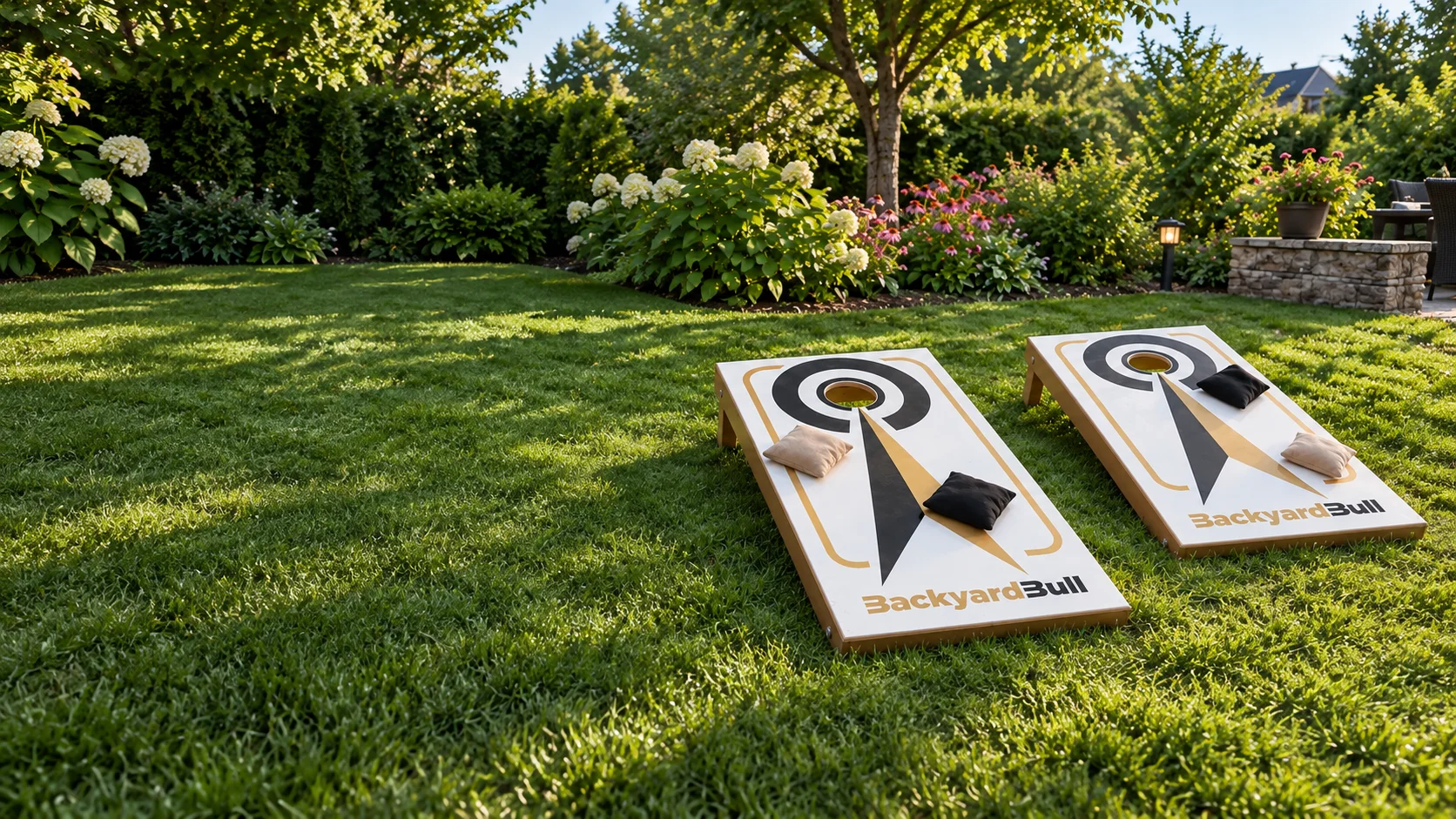 Zwei BackyardBull Cornhole Boards im Garten