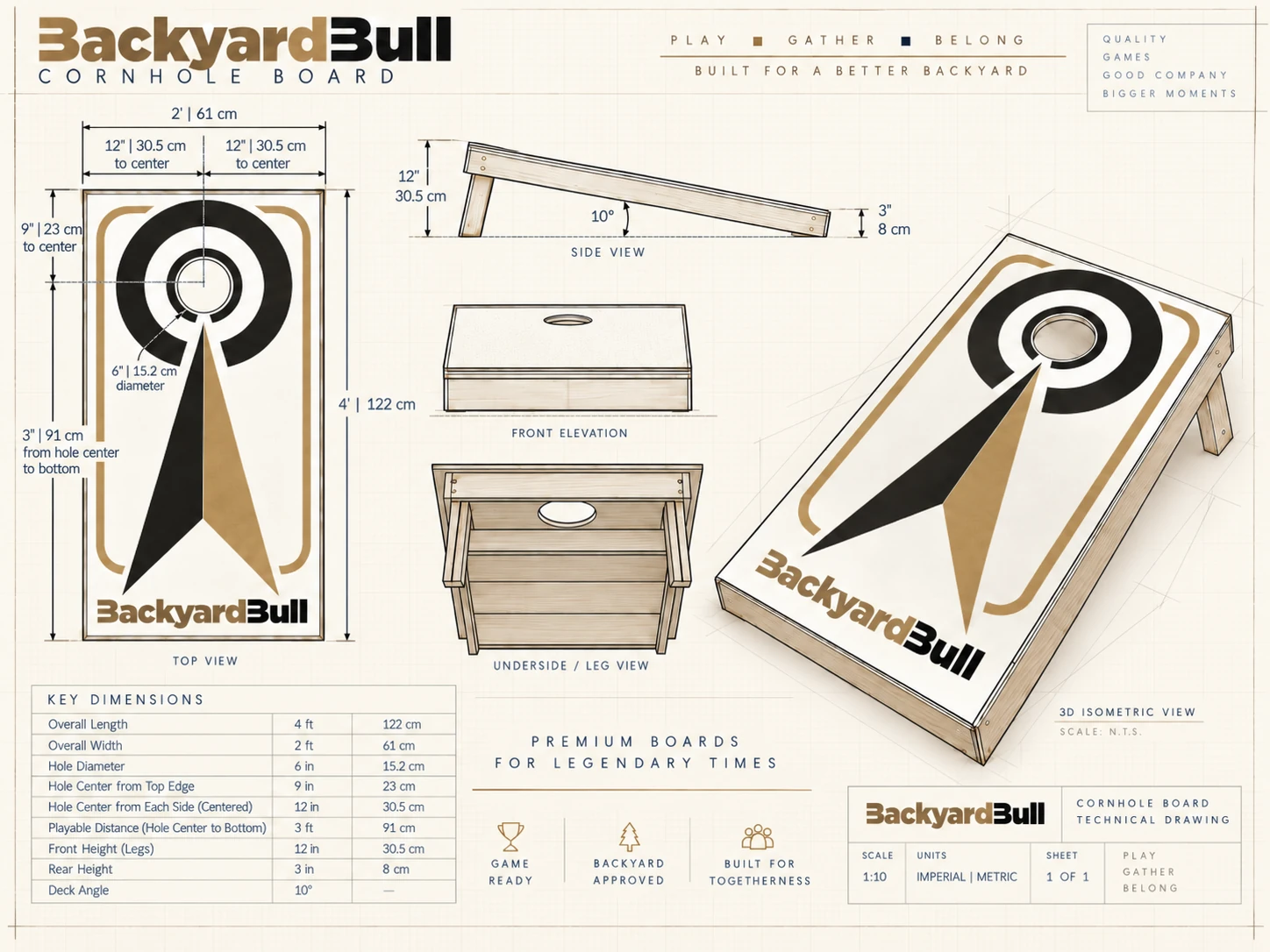 Technische Zeichnung eines BackyardBull Cornhole Boards mit Ansichten und Maßen